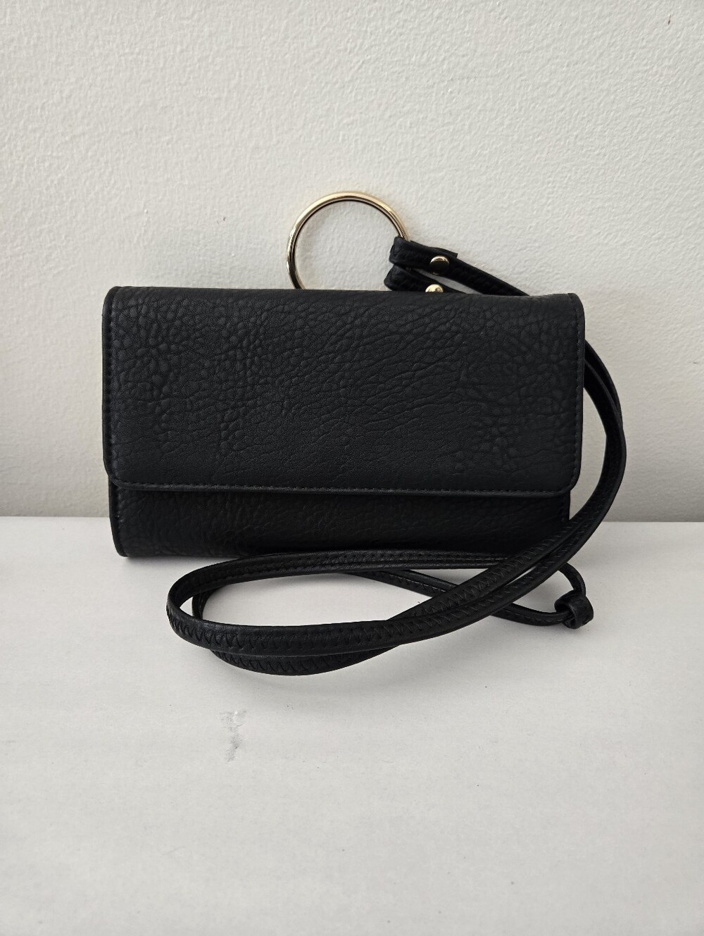 Moda Luxe Vegan Black Leather Pebbled Gold Metal Accent Shoulder Bag